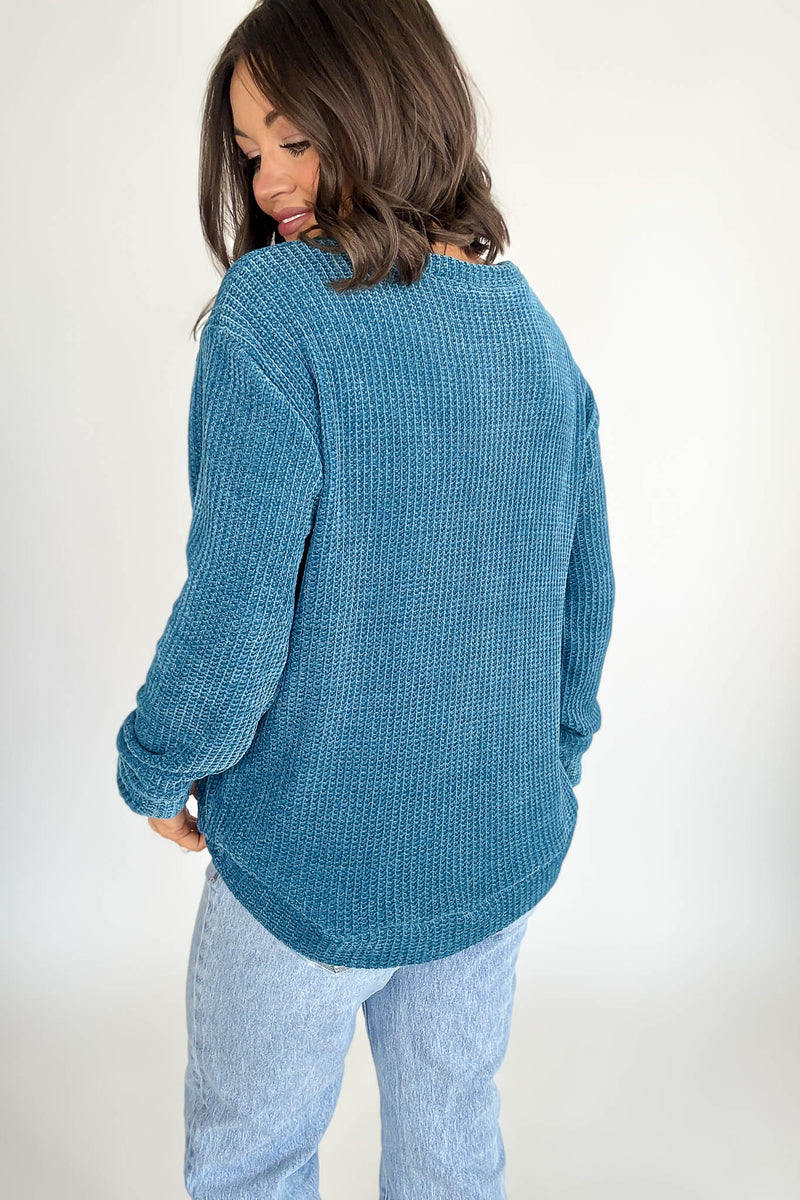 Chenille Teal Waffle Round Neck Sweater