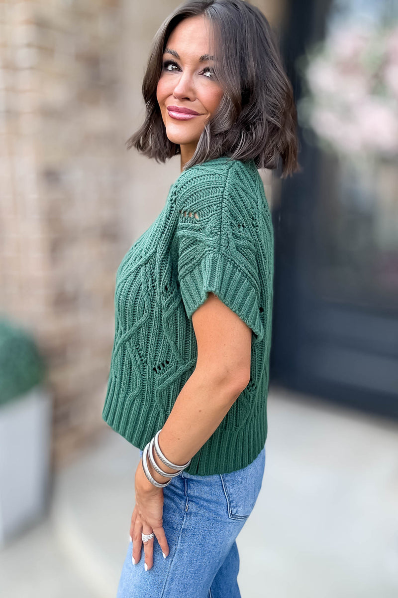 Perfect Dark Green Cable Knit Short Sleeve Sweater
