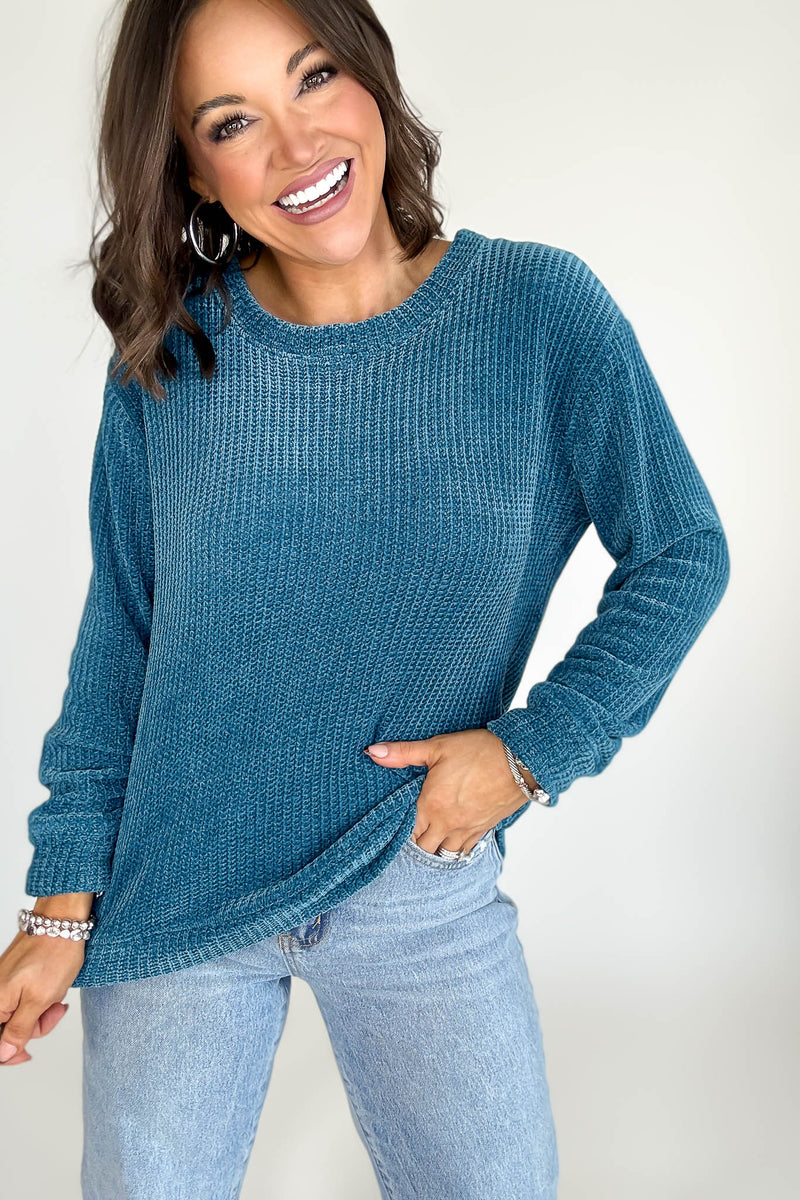 Chenille Teal Waffle Round Neck Sweater