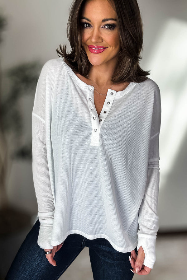 Waffle Off White Thumb Hole Cuff Henley Top