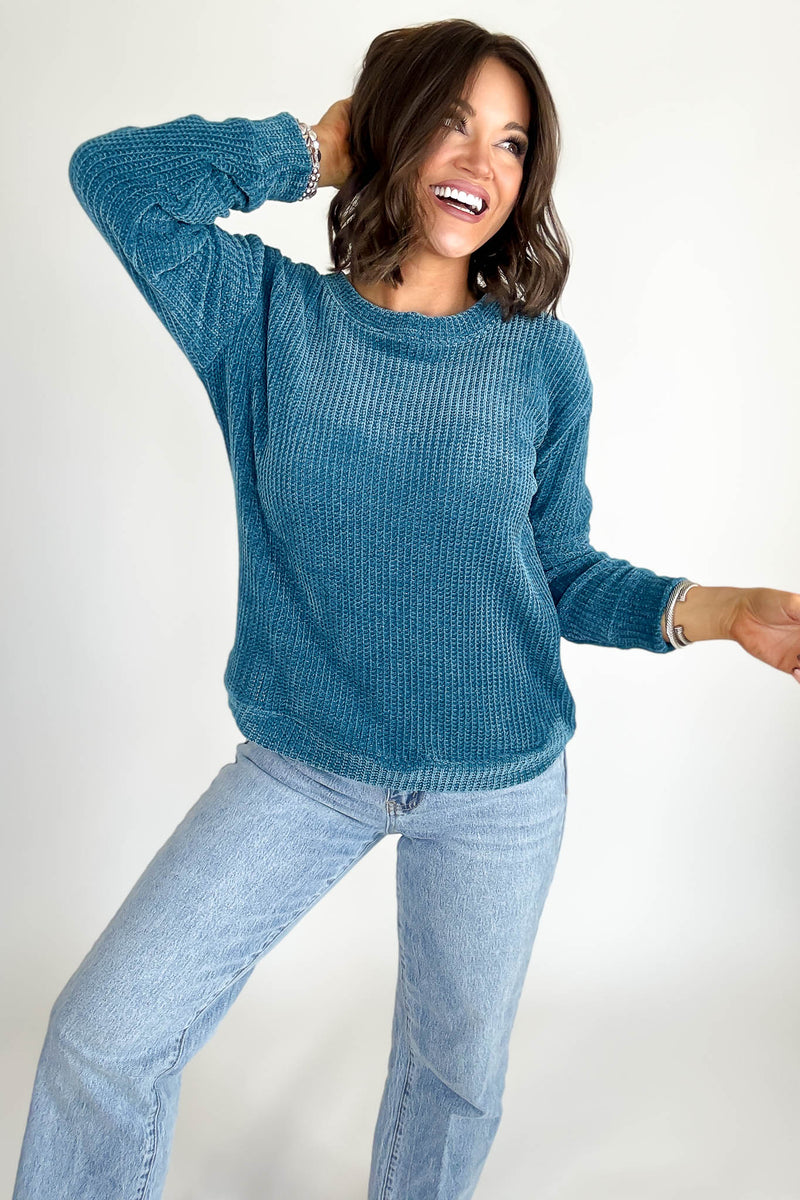Chenille Teal Waffle Round Neck Sweater