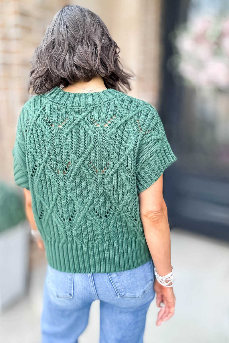 Perfect Dark Green Cable Knit Short Sleeve Sweater