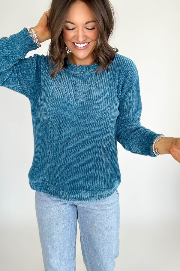 Chenille Teal Waffle Round Neck Sweater