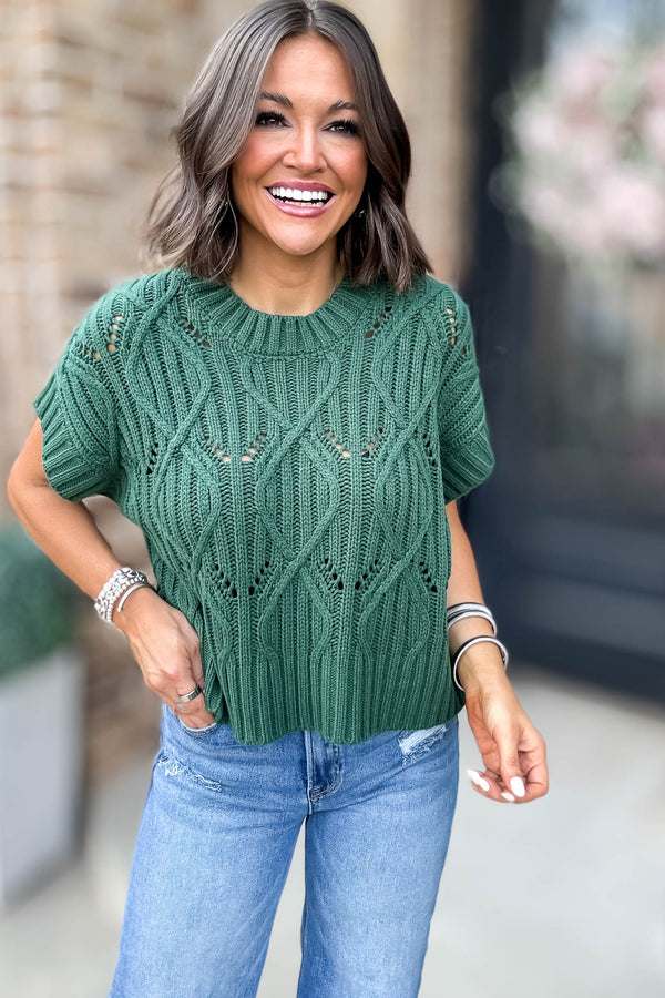 Perfect Dark Green Cable Knit Short Sleeve Sweater