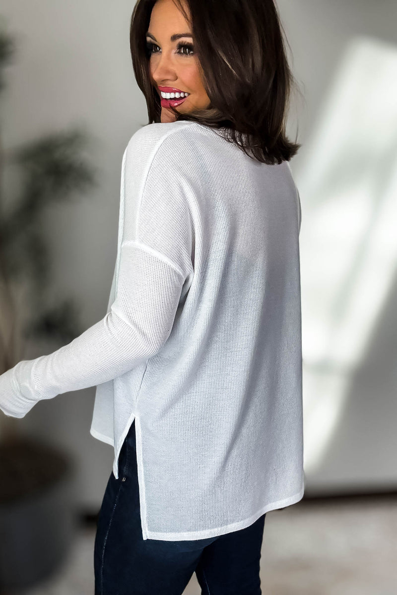 Waffle Off White Thumb Hole Cuff Henley Top