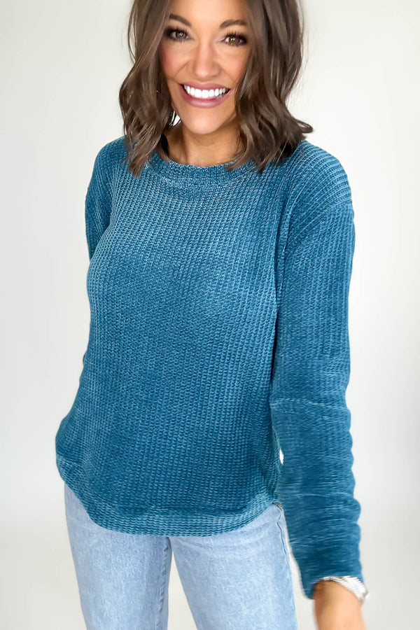 Chenille Teal Waffle Round Neck Sweater