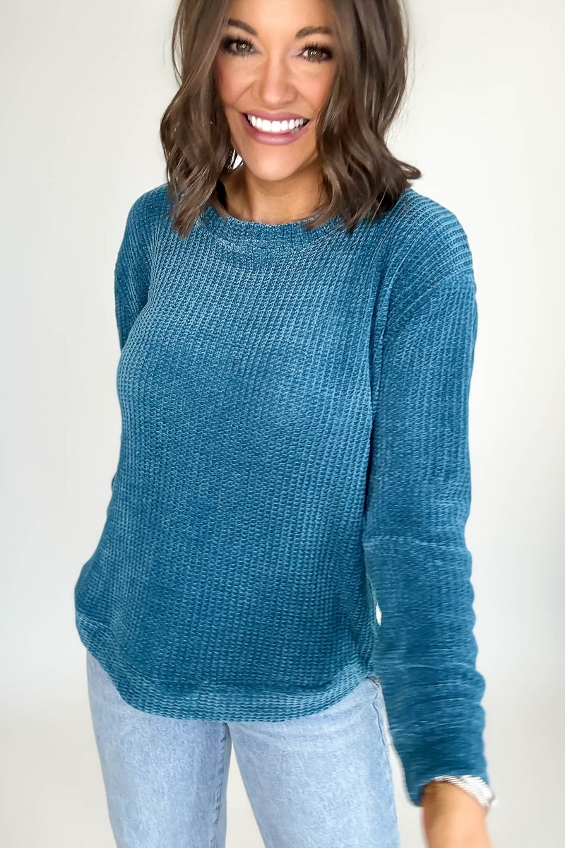 Chenille Teal Waffle Round Neck Sweater