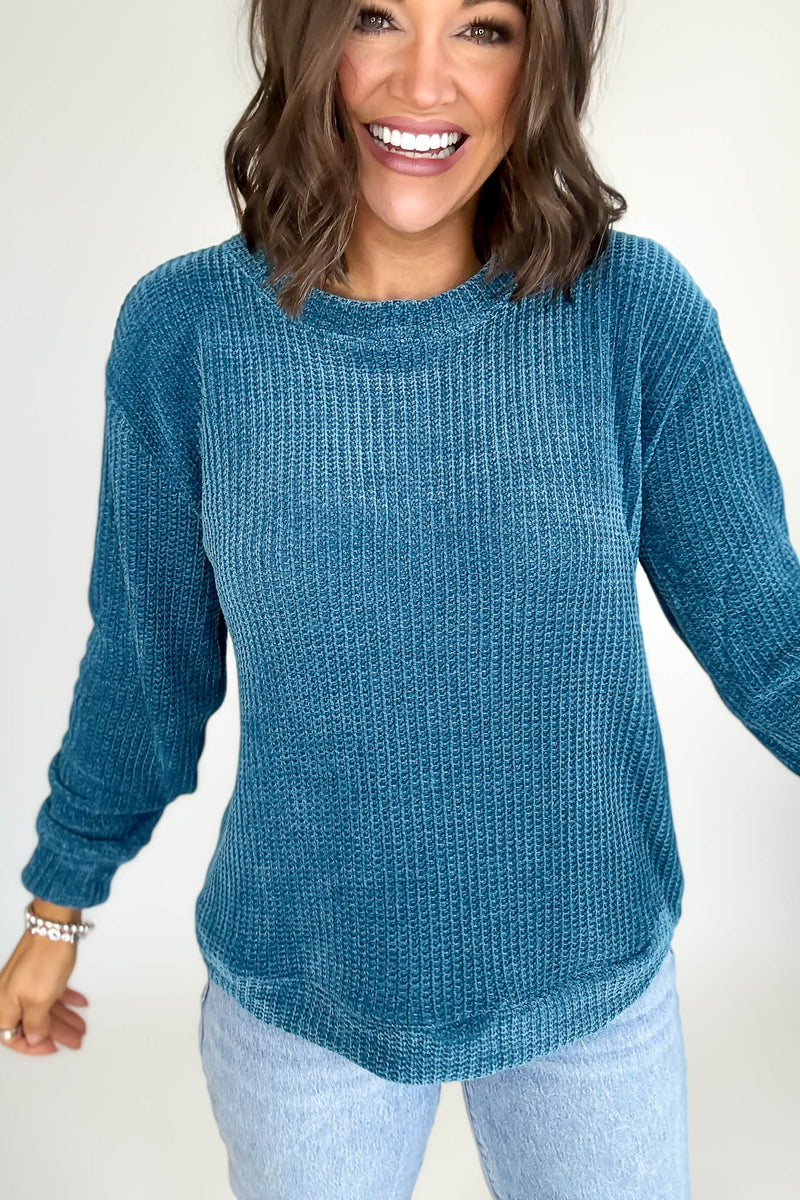 Chenille Teal Waffle Round Neck Sweater