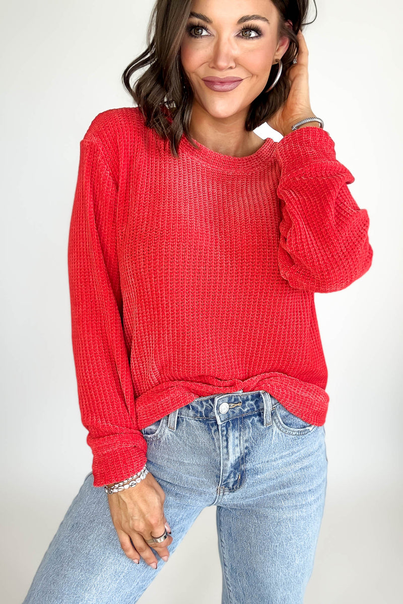 Chenille Ruby Waffle Round Neck Sweater