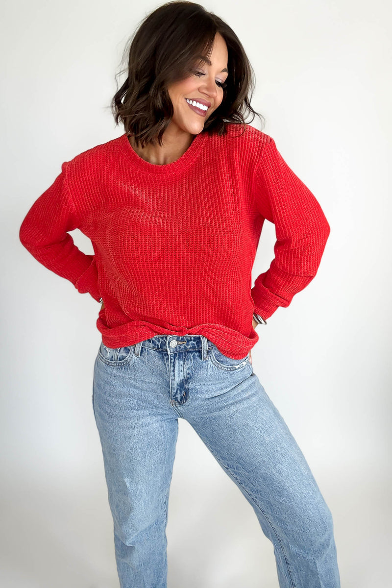 Chenille Ruby Waffle Round Neck Sweater