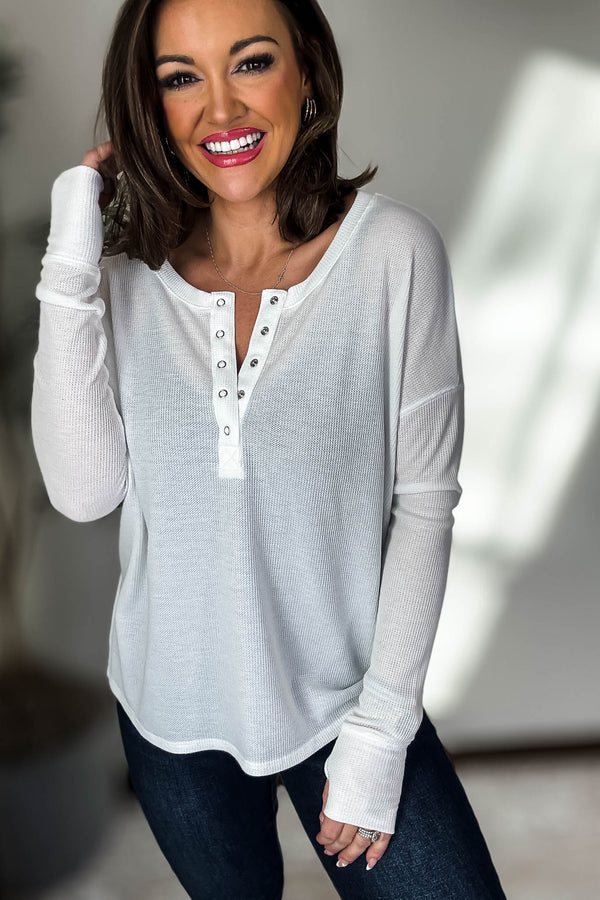 Waffle Off White Thumb Hole Cuff Henley Top