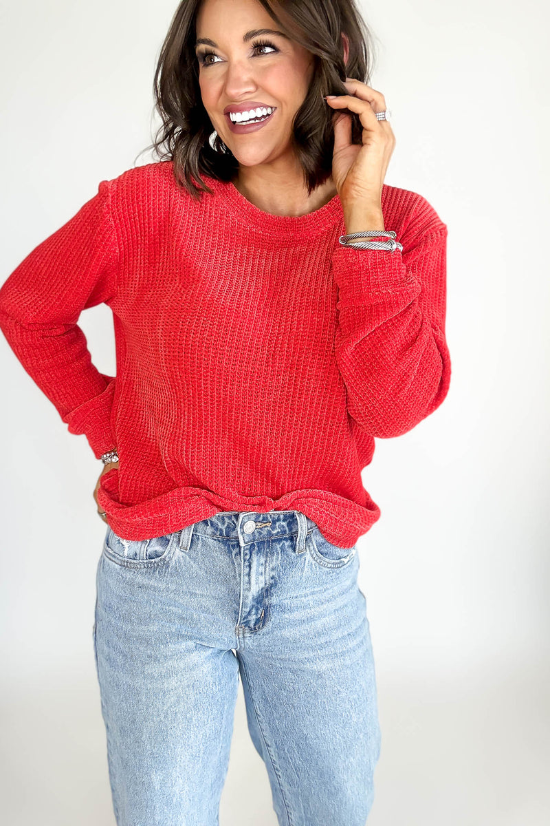 Chenille Ruby Waffle Round Neck Sweater