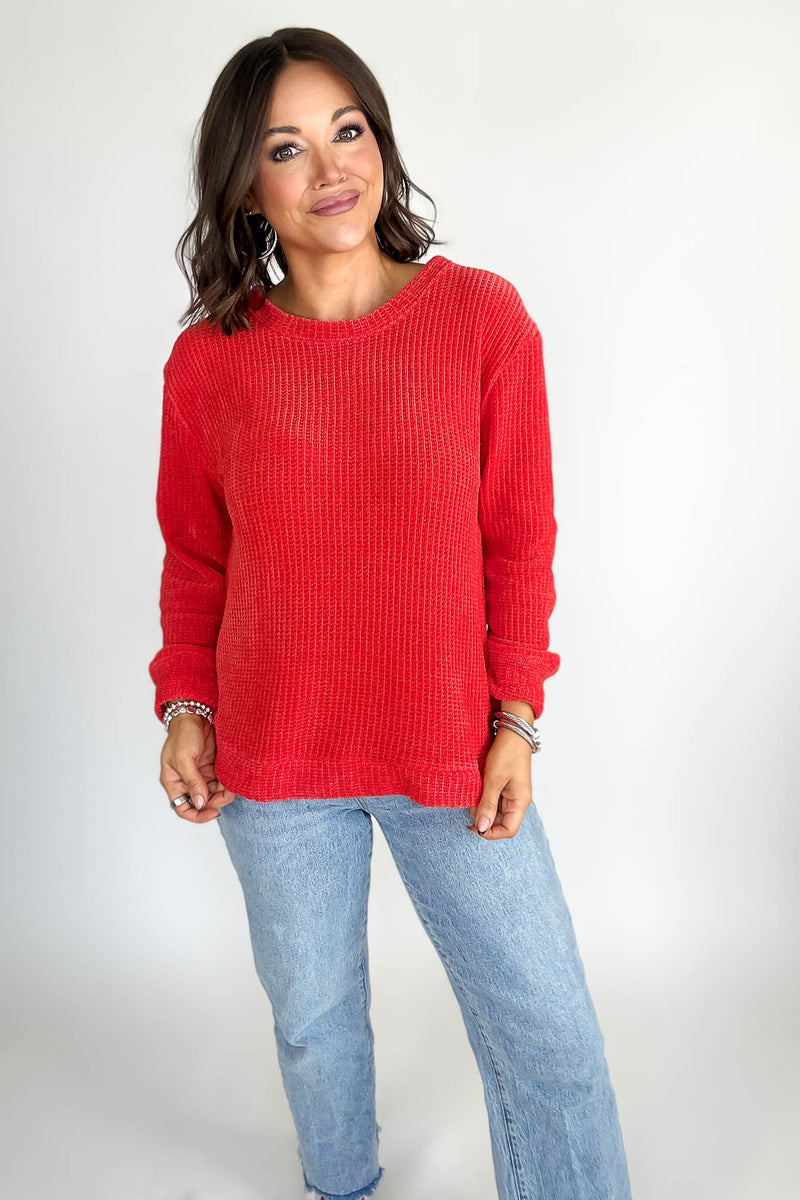Chenille Ruby Waffle Round Neck Sweater