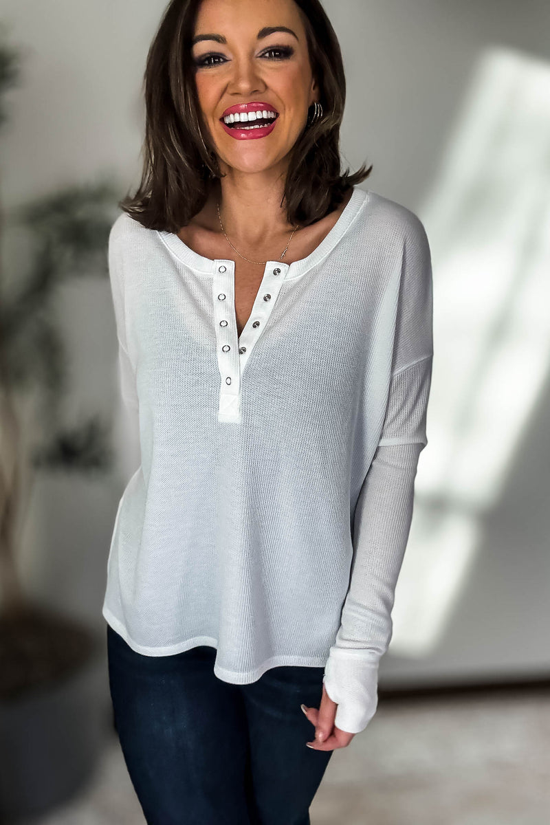 Waffle Off White Thumb Hole Cuff Henley Top