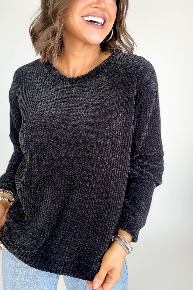 Chenille Black Waffle Round Neck Sweater