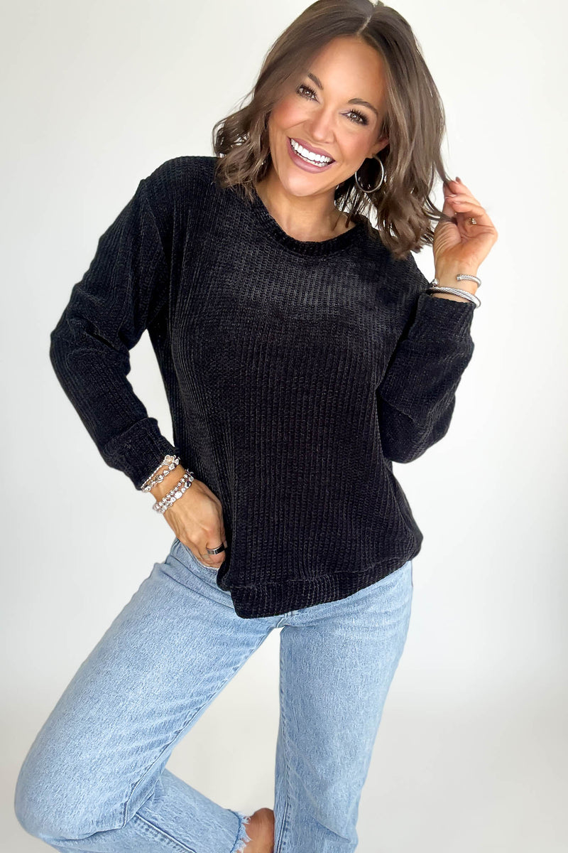 Chenille Black Waffle Round Neck Sweater