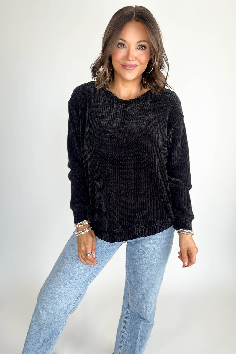 Chenille Black Waffle Round Neck Sweater