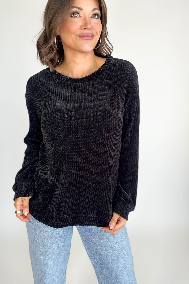 Chenille Black Waffle Round Neck Sweater