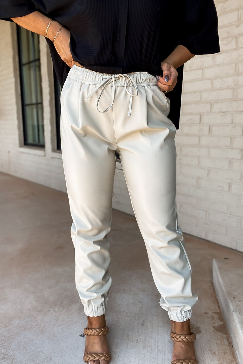 Be True To You Cream Faux Leather Jogger Pants
