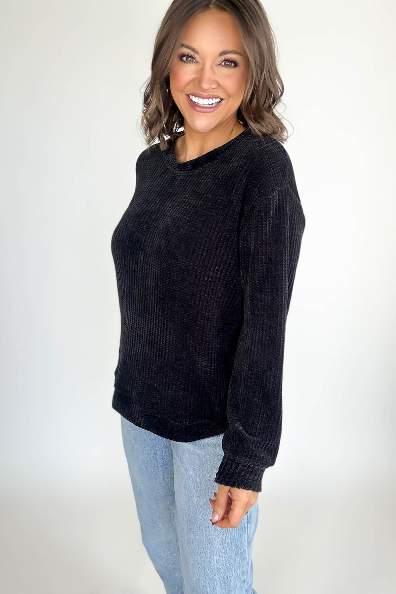 Chenille Black Waffle Round Neck Sweater