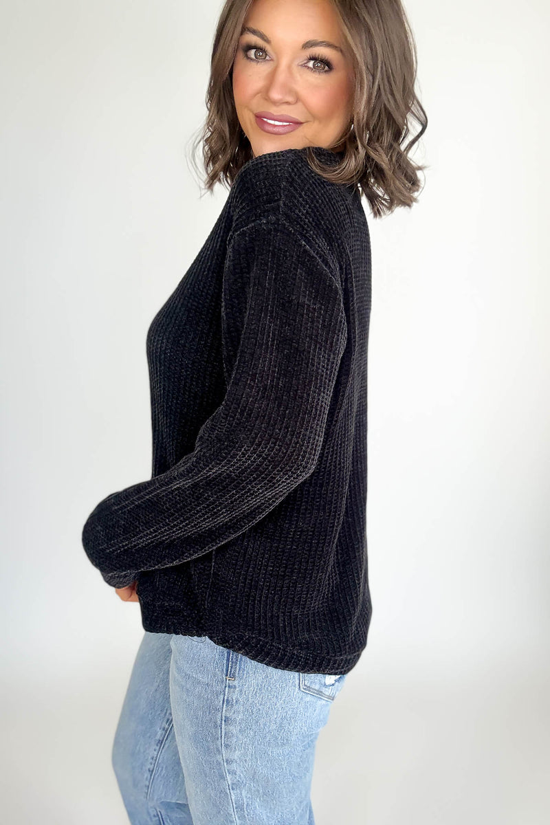 Chenille Black Waffle Round Neck Sweater