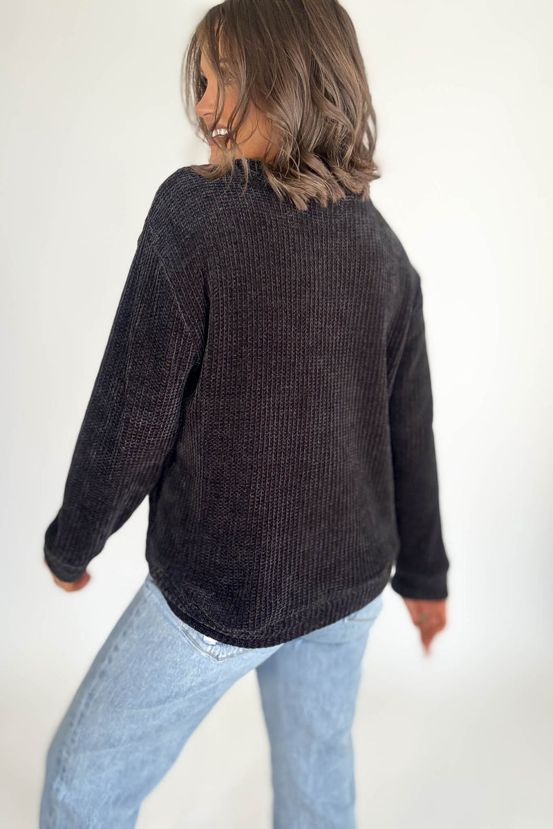 Chenille Black Waffle Round Neck Sweater