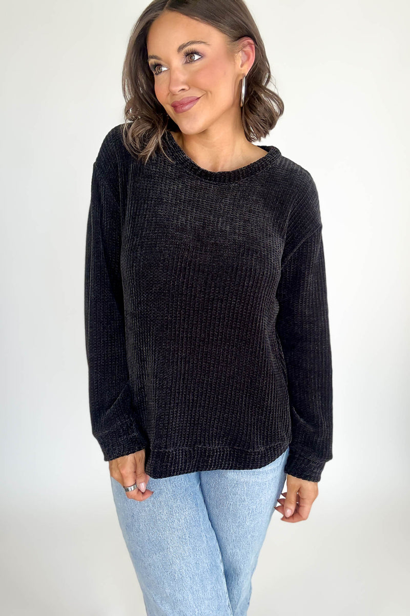 Chenille Black Waffle Round Neck Sweater
