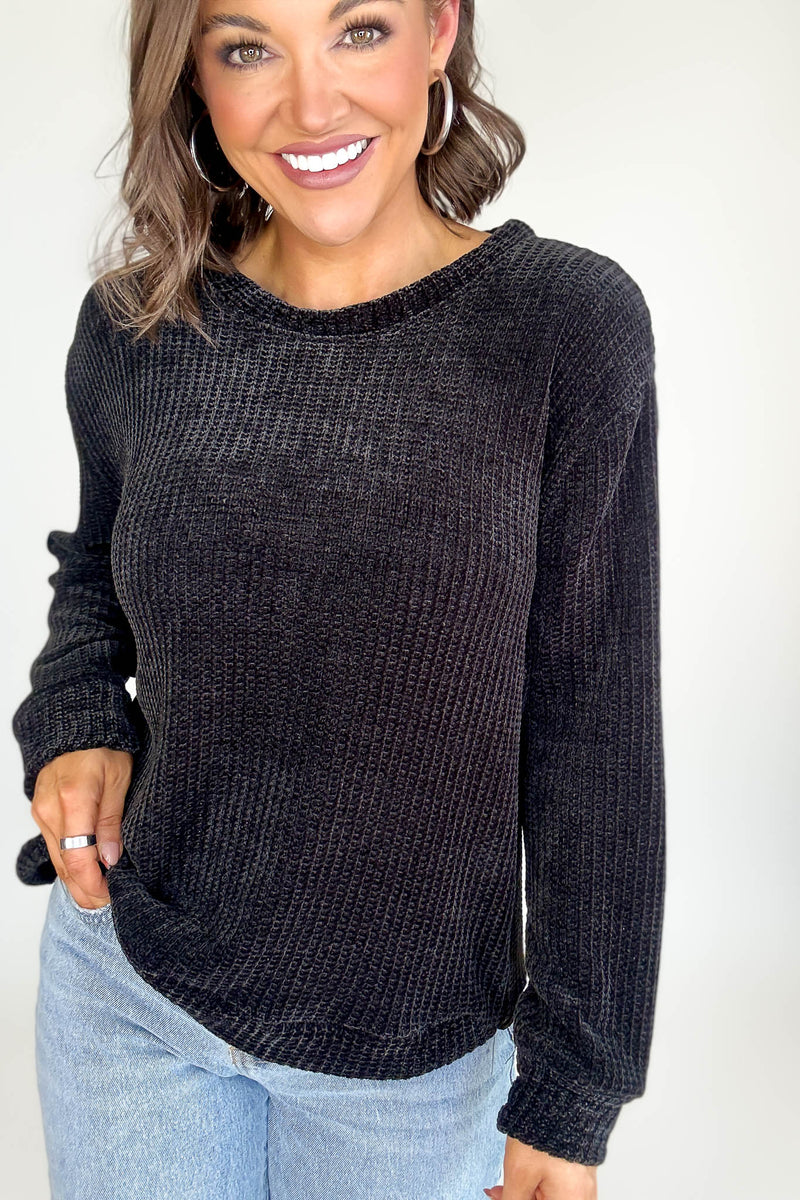 Chenille Black Waffle Round Neck Sweater