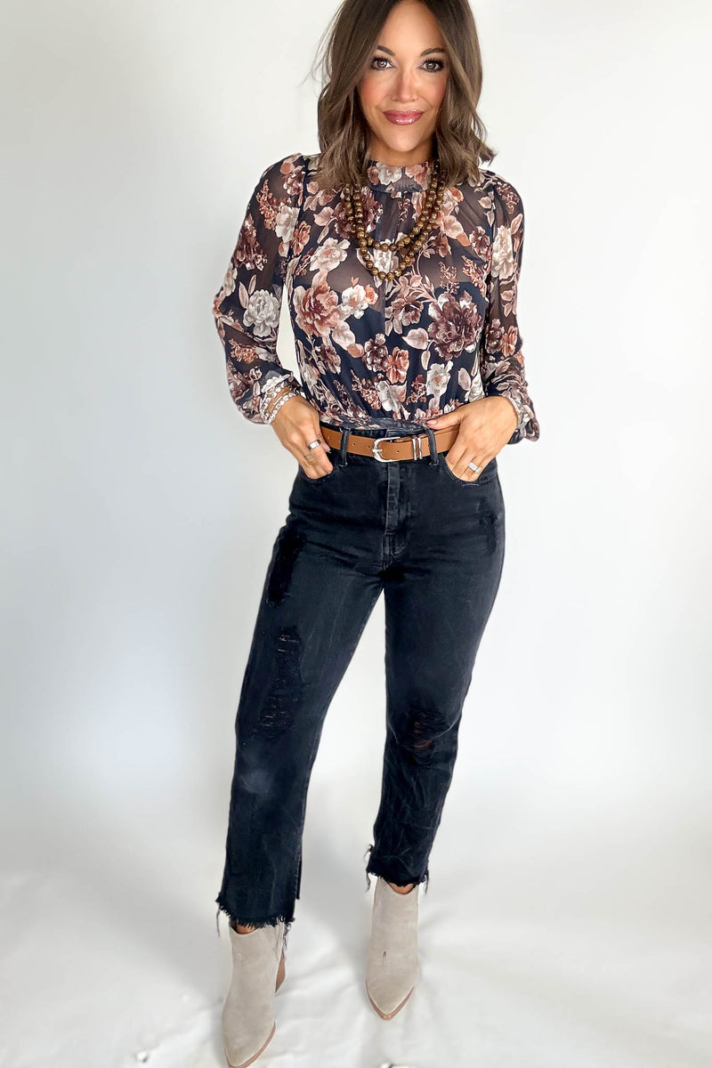 Mock Neck Floral Print Mesh Top