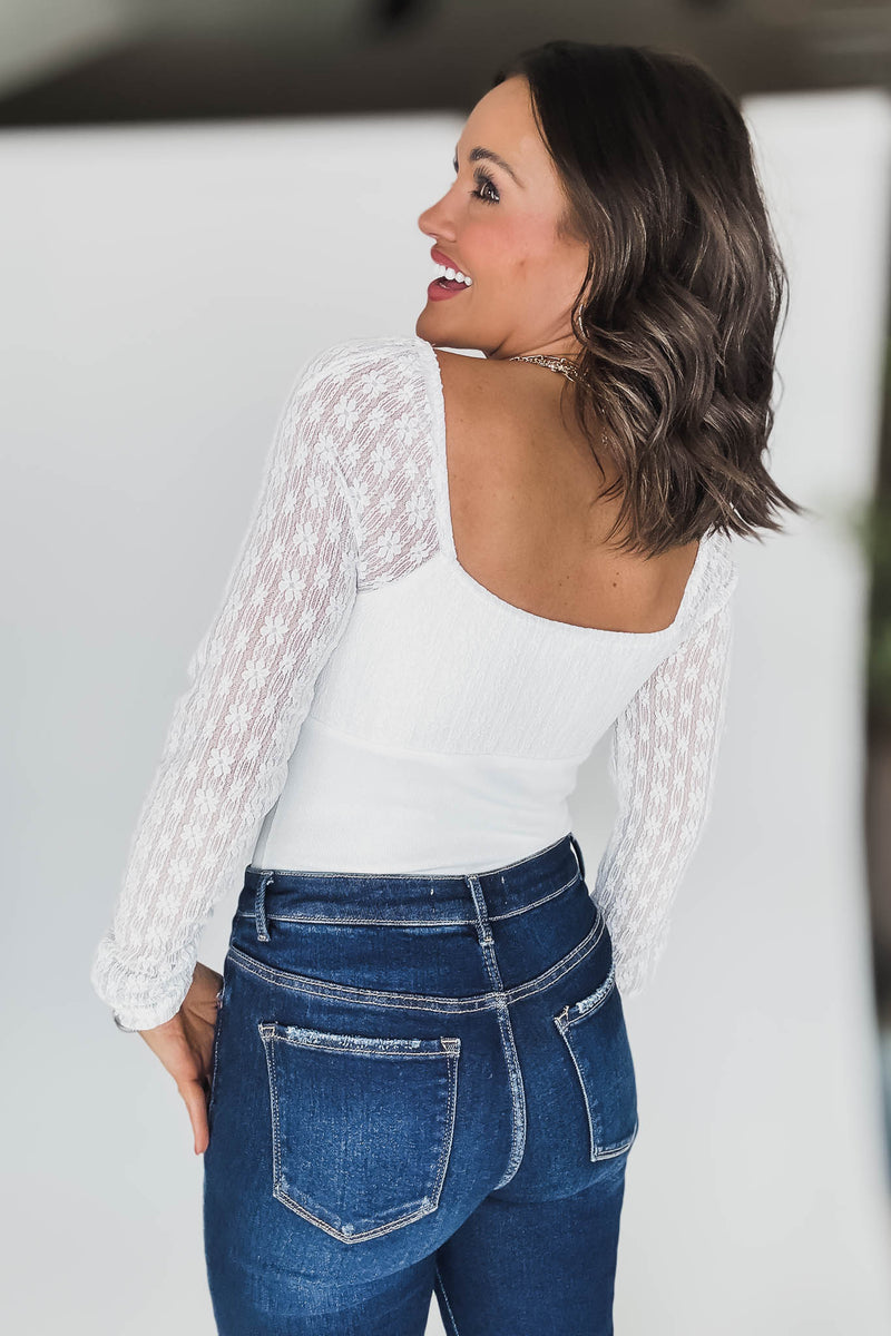 White Lace Contrast Long Sleeve Bodysuit