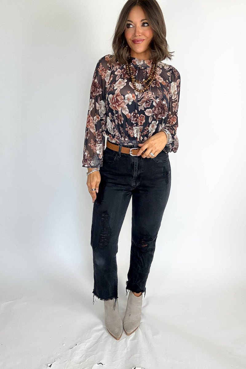 Mock Neck Floral Print Mesh Top