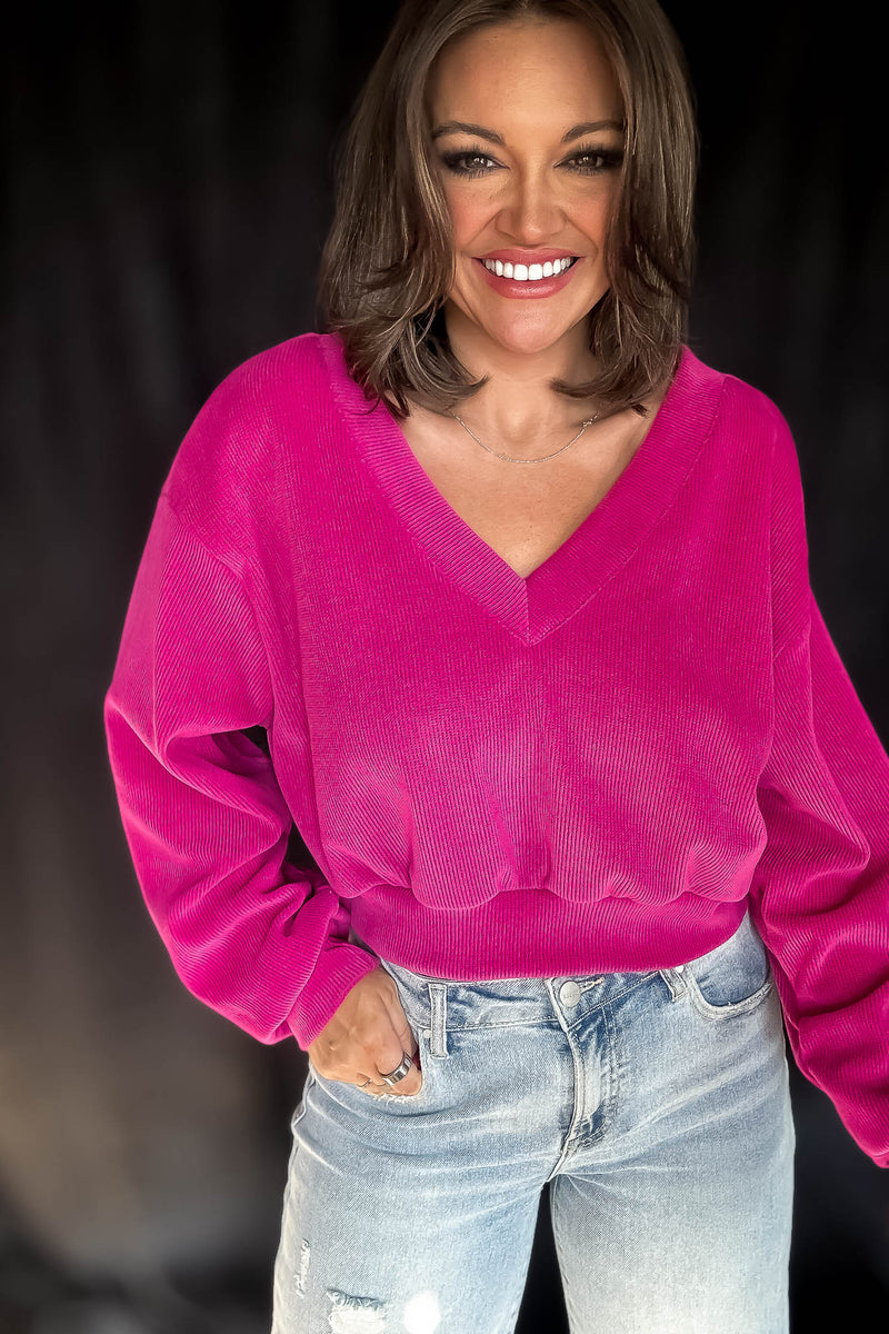 Fashionable Fun Magenta Rib Knit V-Neck Top