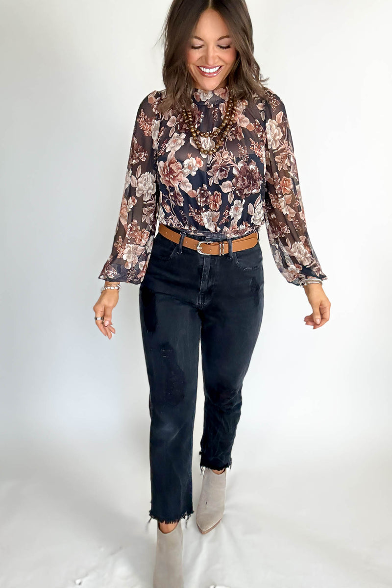 Mock Neck Floral Print Mesh Top