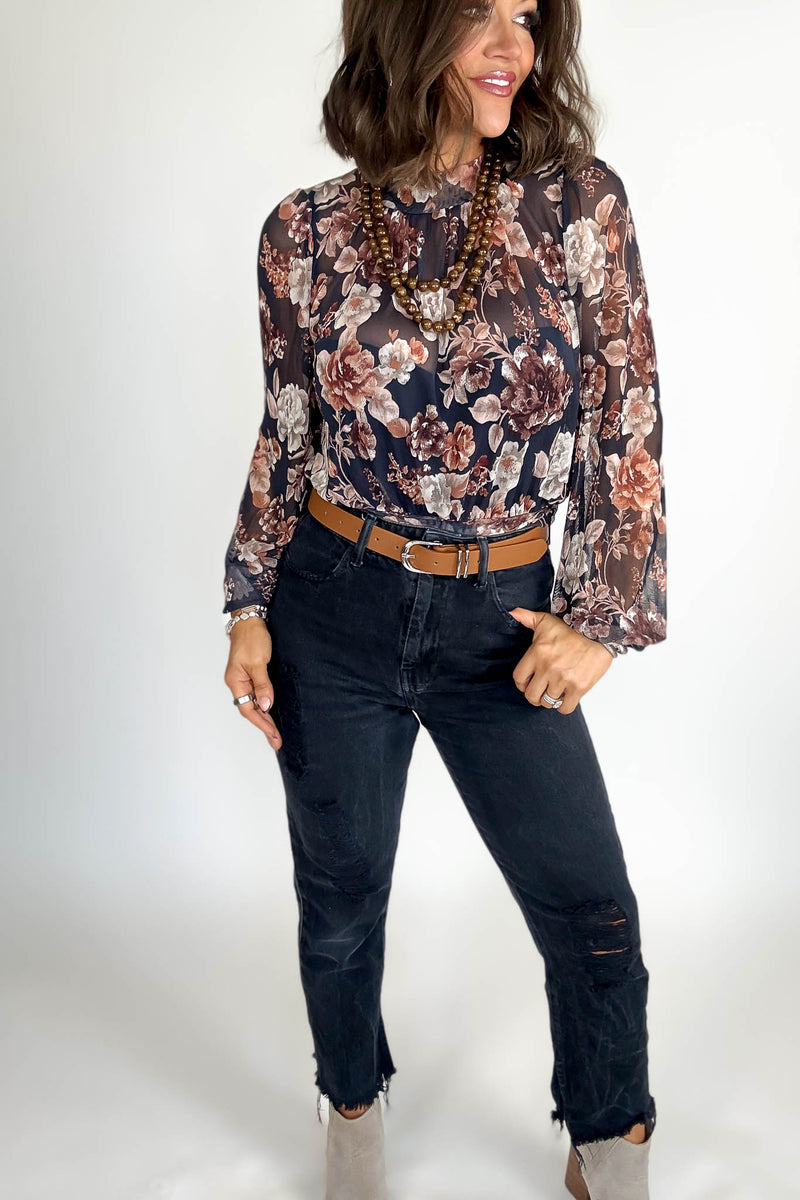 Mock Neck Floral Print Mesh Top