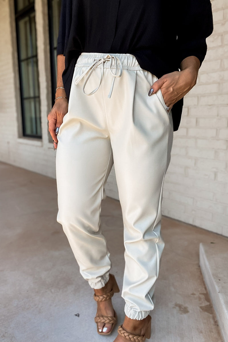 Be True To You Cream Faux Leather Jogger Pants