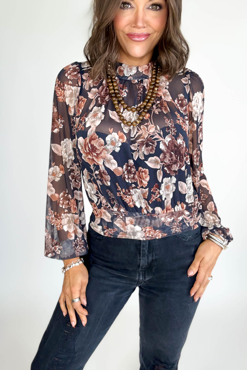 Mock Neck Floral Print Mesh Top