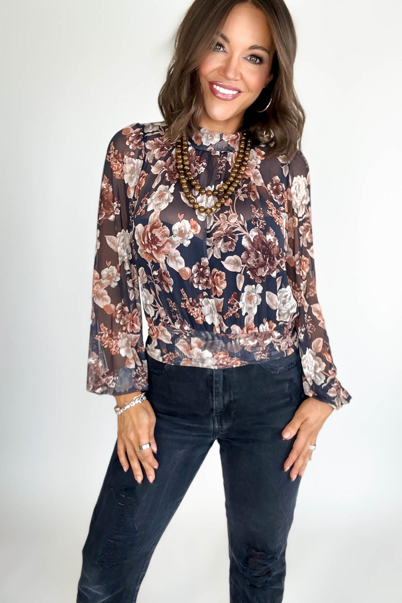 Mock Neck Floral Print Mesh Top