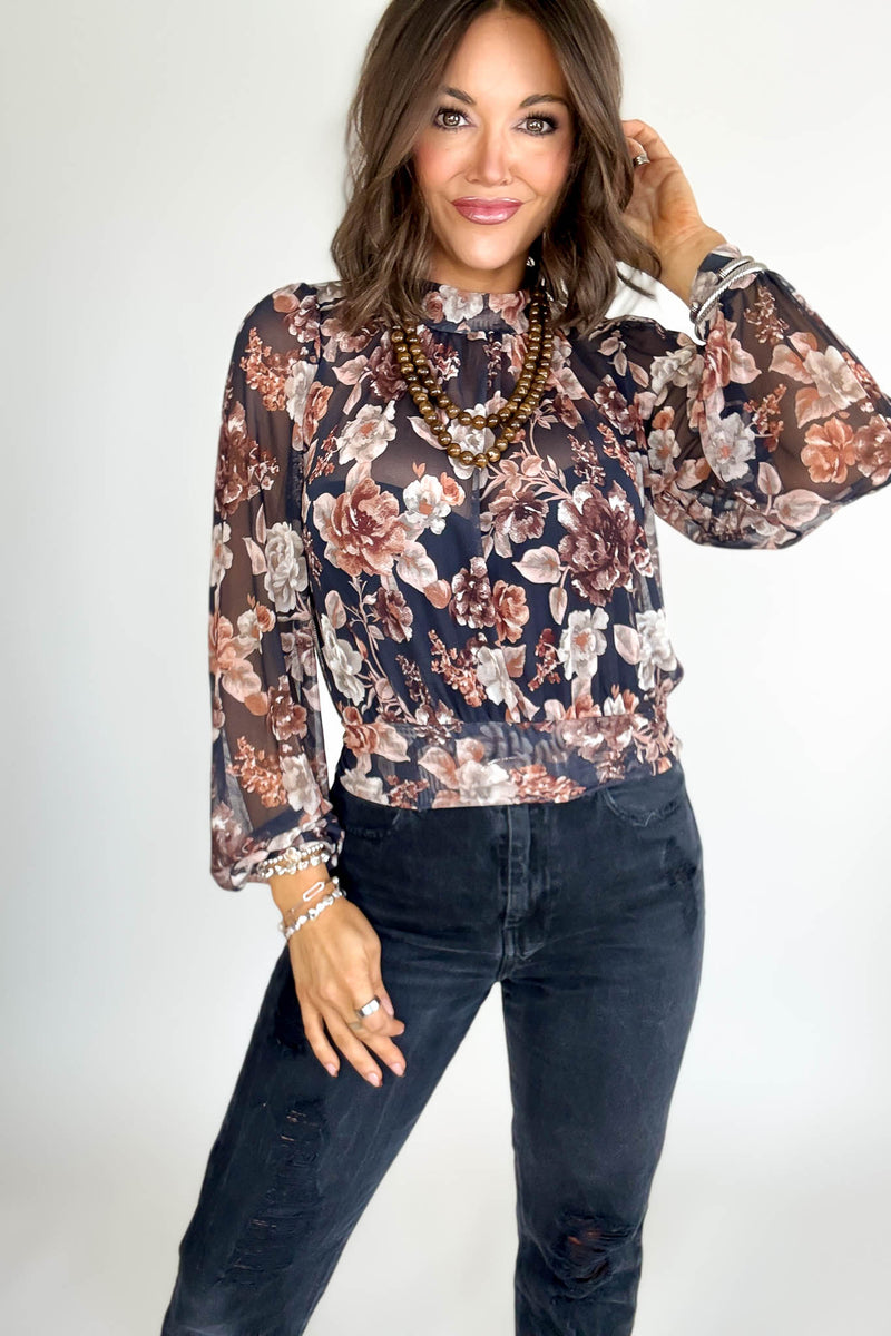 Mock Neck Floral Print Mesh Top