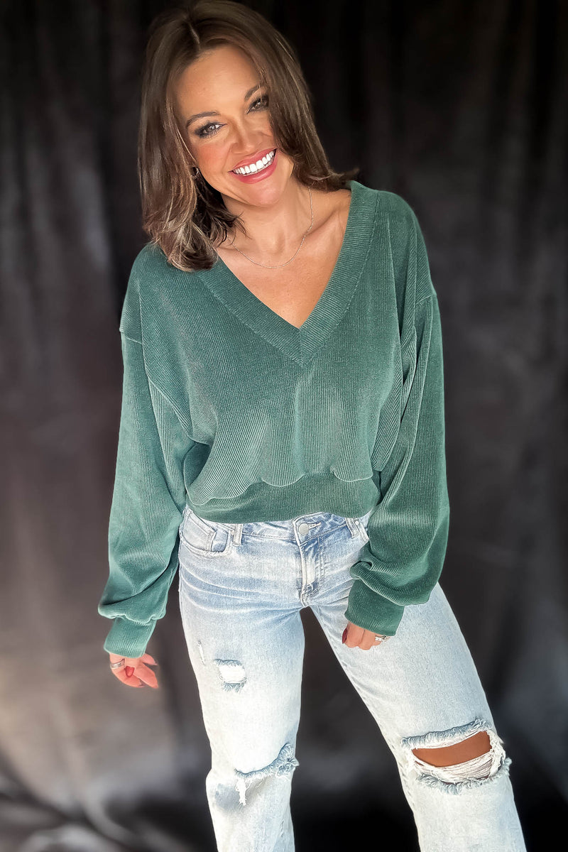 Fashionable Fun Teal Rib Knit V-Neck Top
