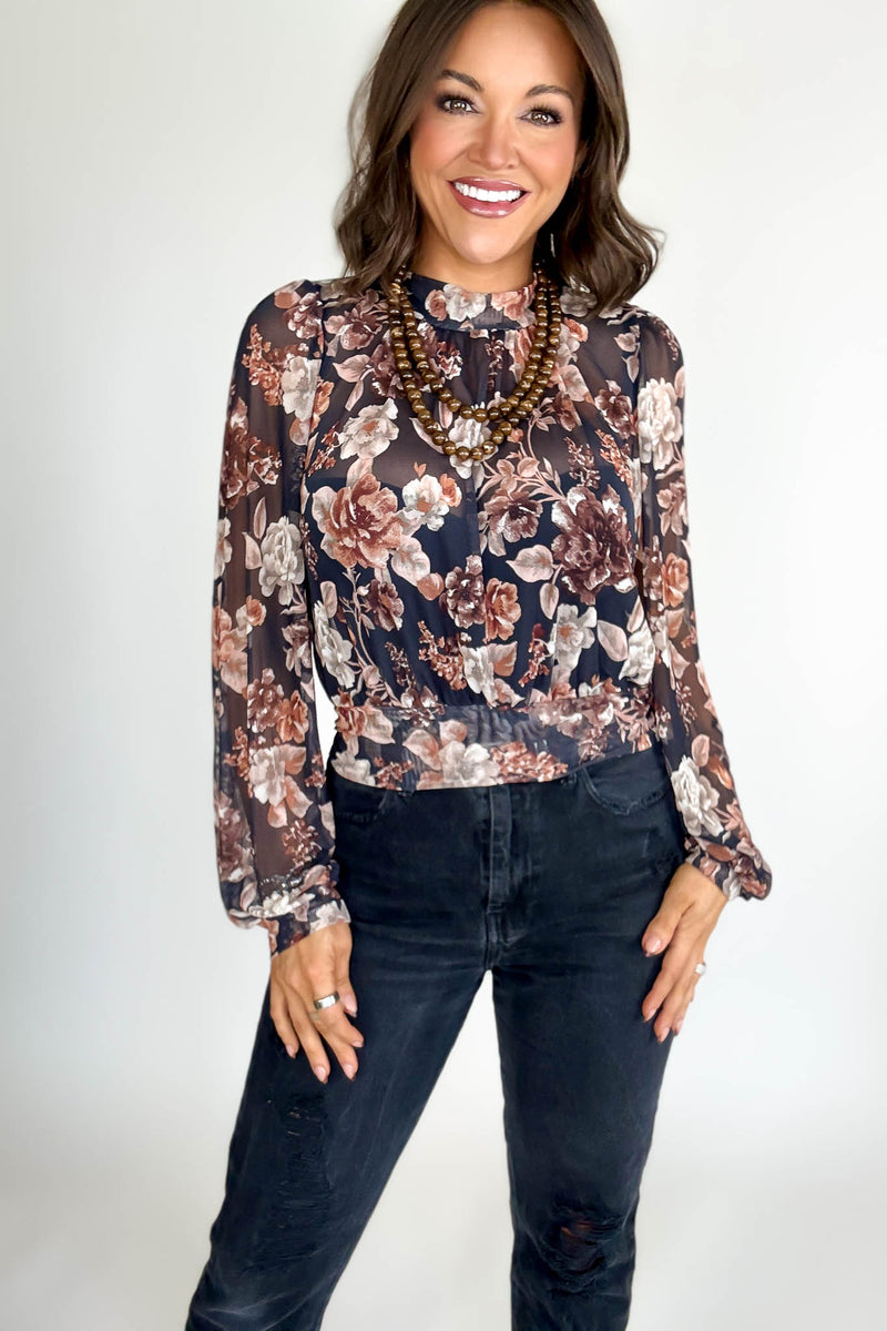 Mock Neck Floral Print Mesh Top
