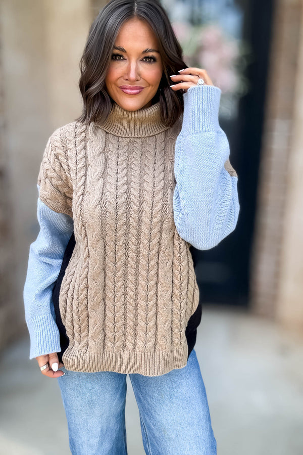 Colorblock Turtle Neck Cable Knit Pullover Sweater