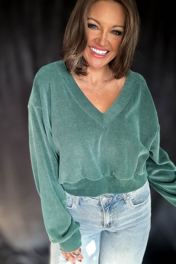 Fashionable Fun Teal Rib Knit V-Neck Top