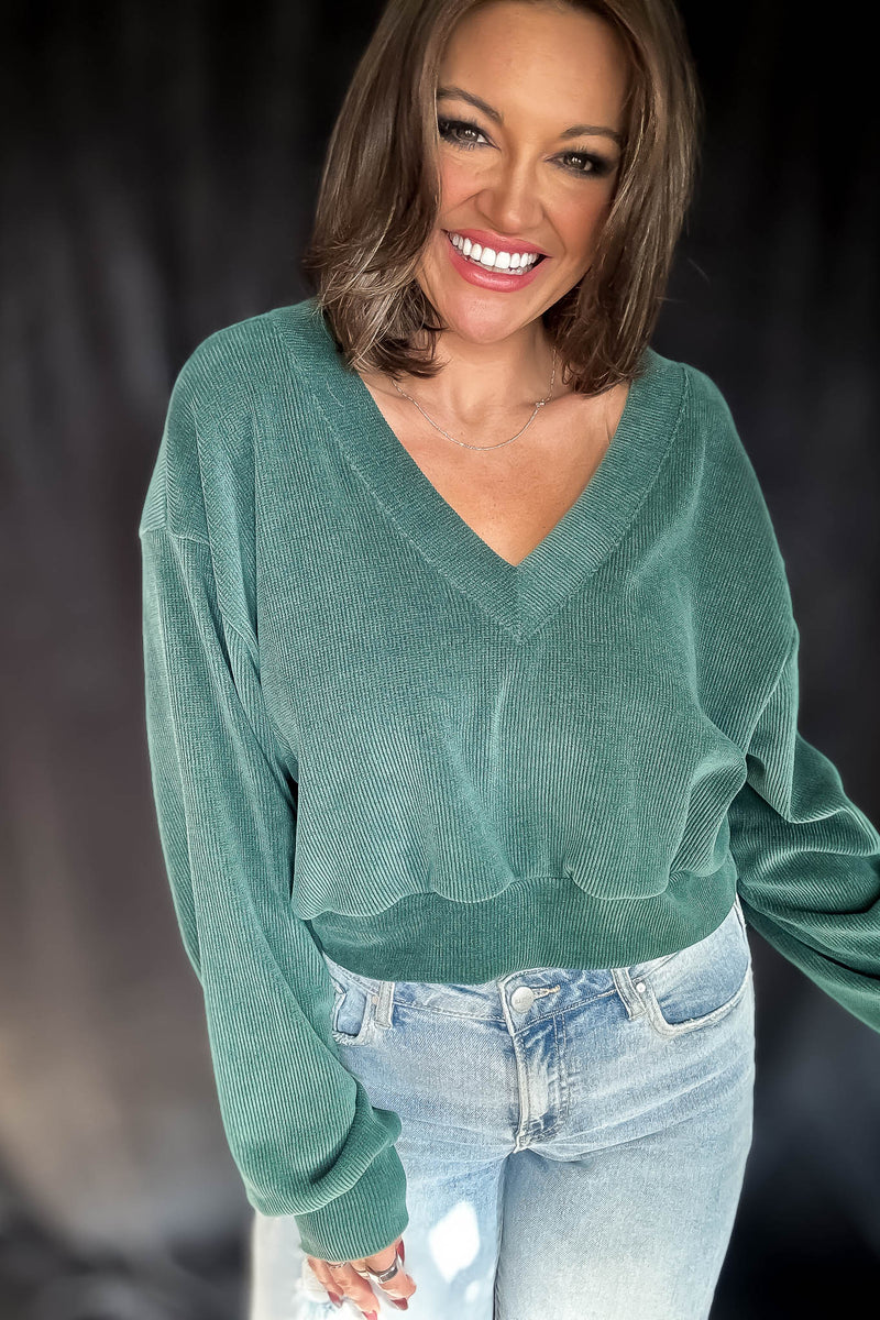 Fashionable Fun Teal Rib Knit V-Neck Top