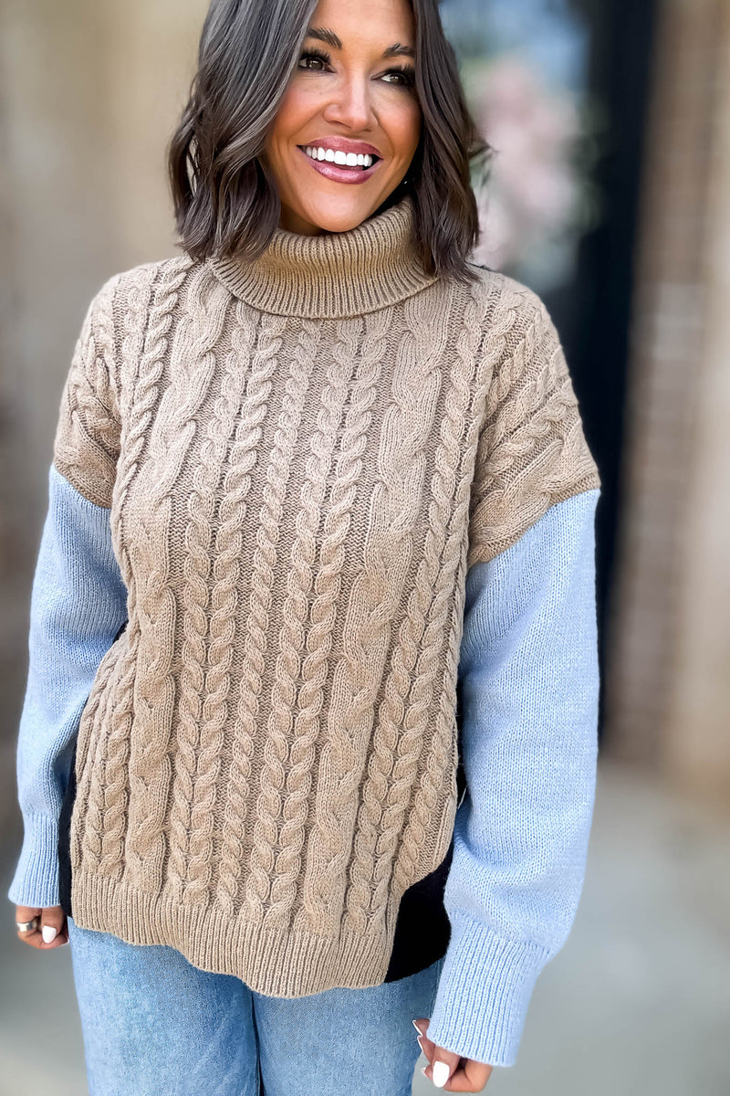 Colorblock Turtle Neck Cable Knit Pullover Sweater