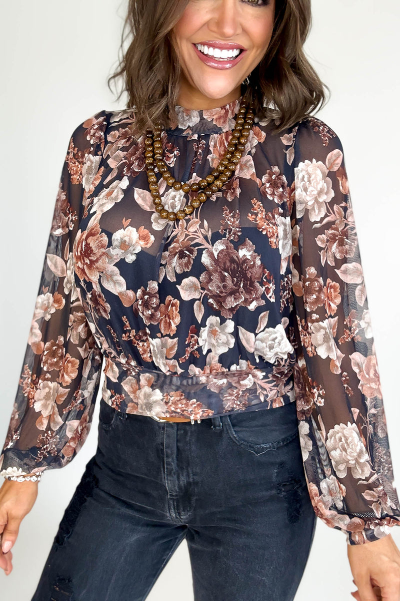 Mock Neck Floral Print Mesh Top