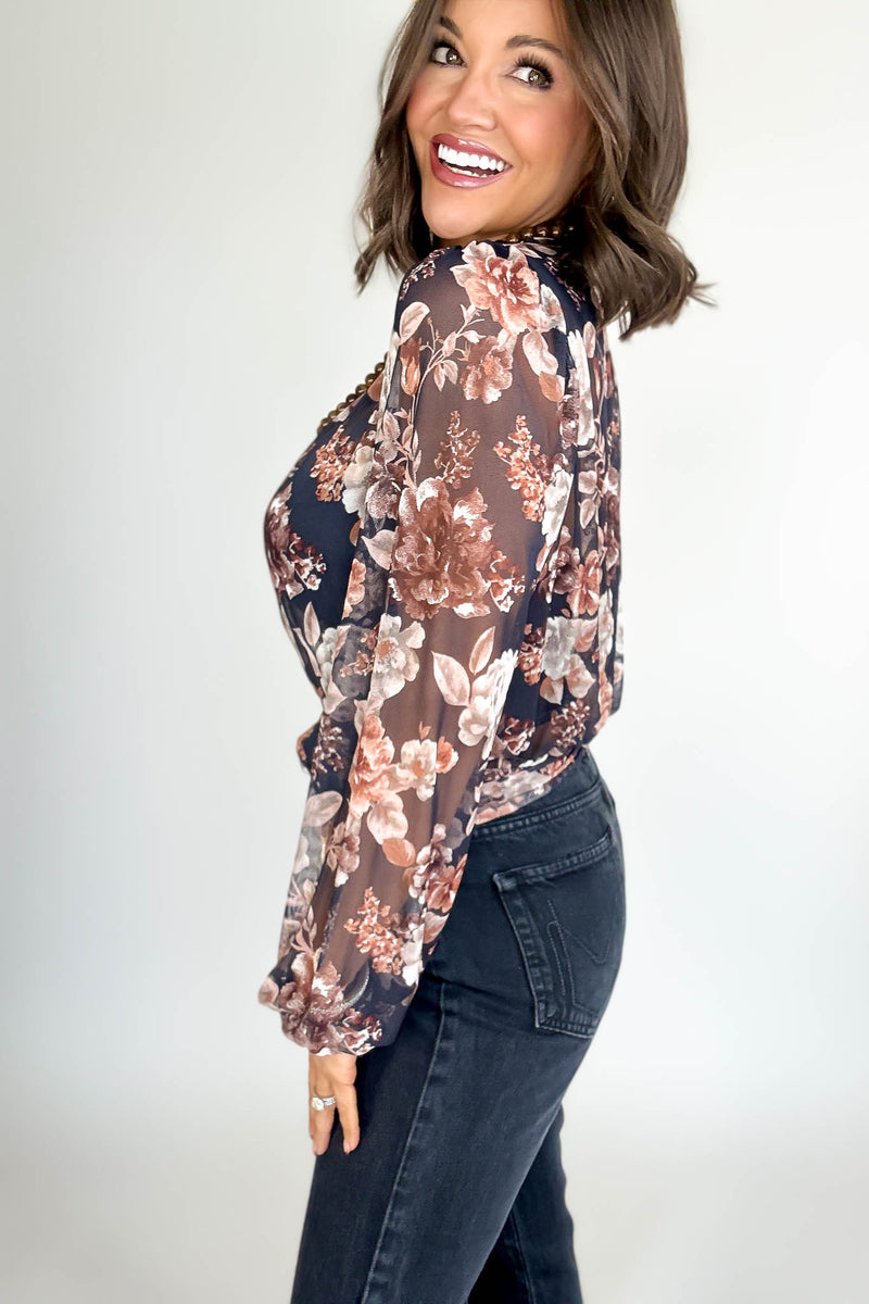 Mock Neck Floral Print Mesh Top