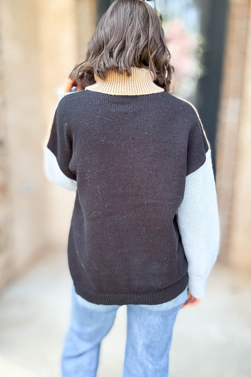 Colorblock Turtle Neck Cable Knit Pullover Sweater