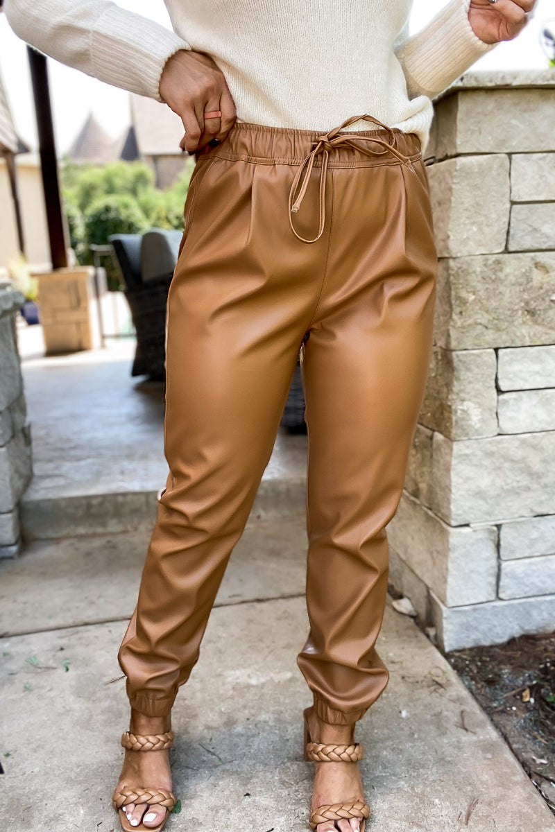 Be True To You Camel Faux Leather Jogger Pants