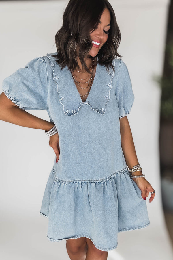 Light Wash Puff Sleeve Collard Denim Dress