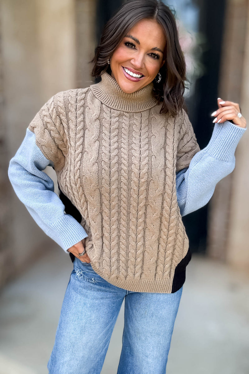 Colorblock Turtle Neck Cable Knit Pullover Sweater